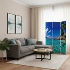 Blue and Green Canvas Folding Three Panel Screen Room Divider - 72-inch