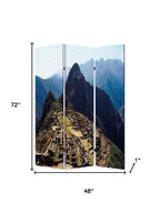 Blue and Green Canvas Folding Three Panel Screen Room Divider - 72-inch