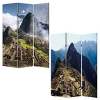 Blue and Green Canvas Folding Three Panel Screen Room Divider - 72-inch