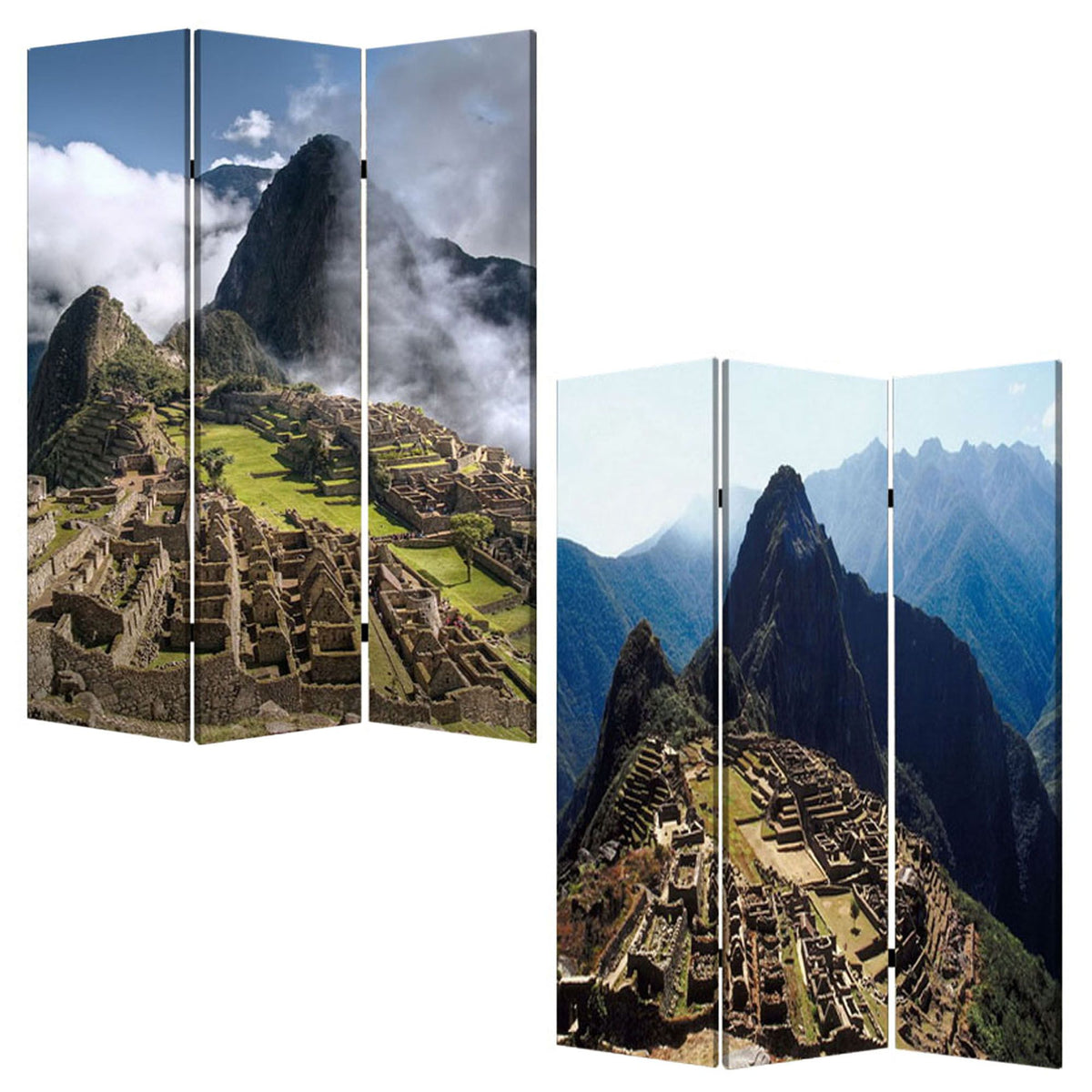 Blue and Green Canvas Folding Three Panel Screen Room Divider - 72-inch