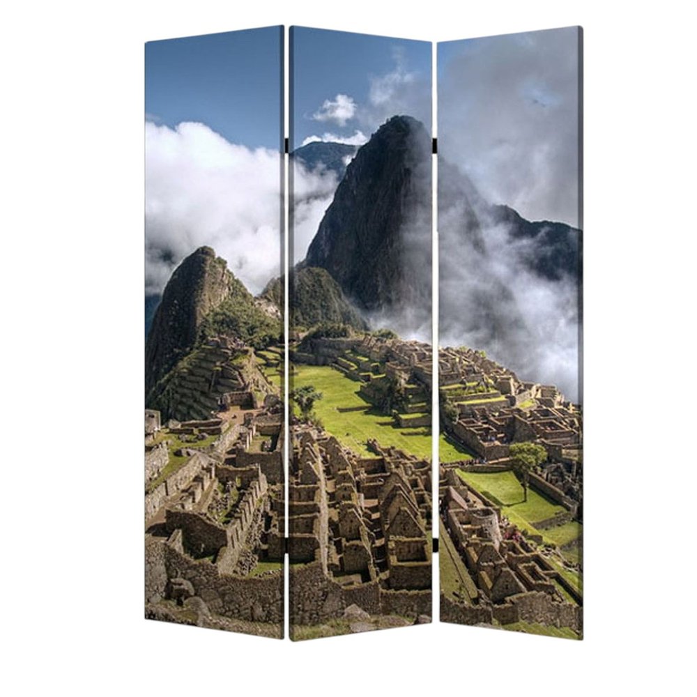 Blue and Green Canvas Folding Three Panel Screen Room Divider - 72-inch