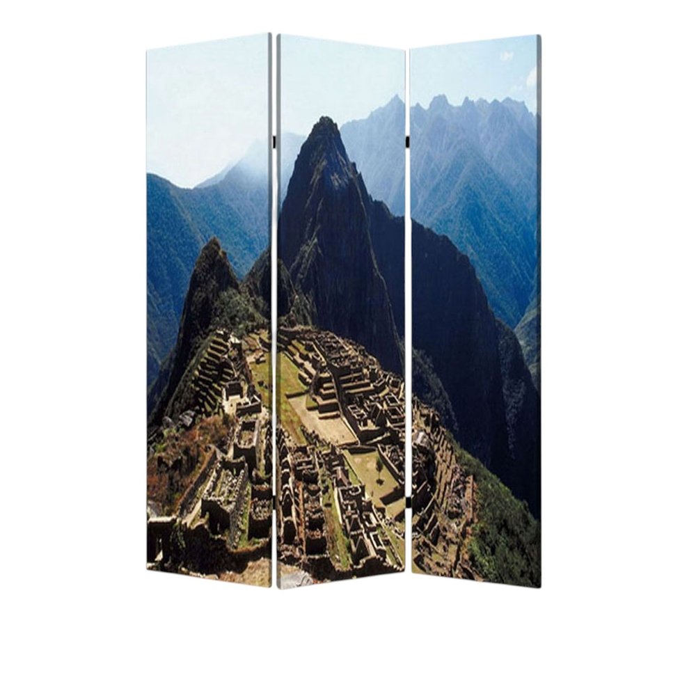 Blue and Green Canvas Folding Three Panel Screen Room Divider - 72-inch