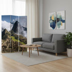 Blue and Green Canvas Folding Three Panel Screen Room Divider - 72-inch