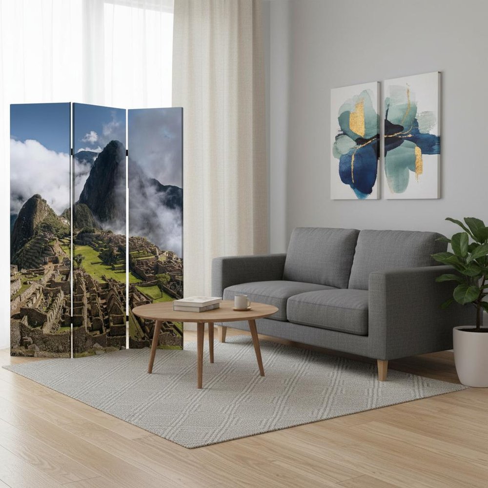 Blue and Green Canvas Folding Three Panel Screen Room Divider - 72-inch