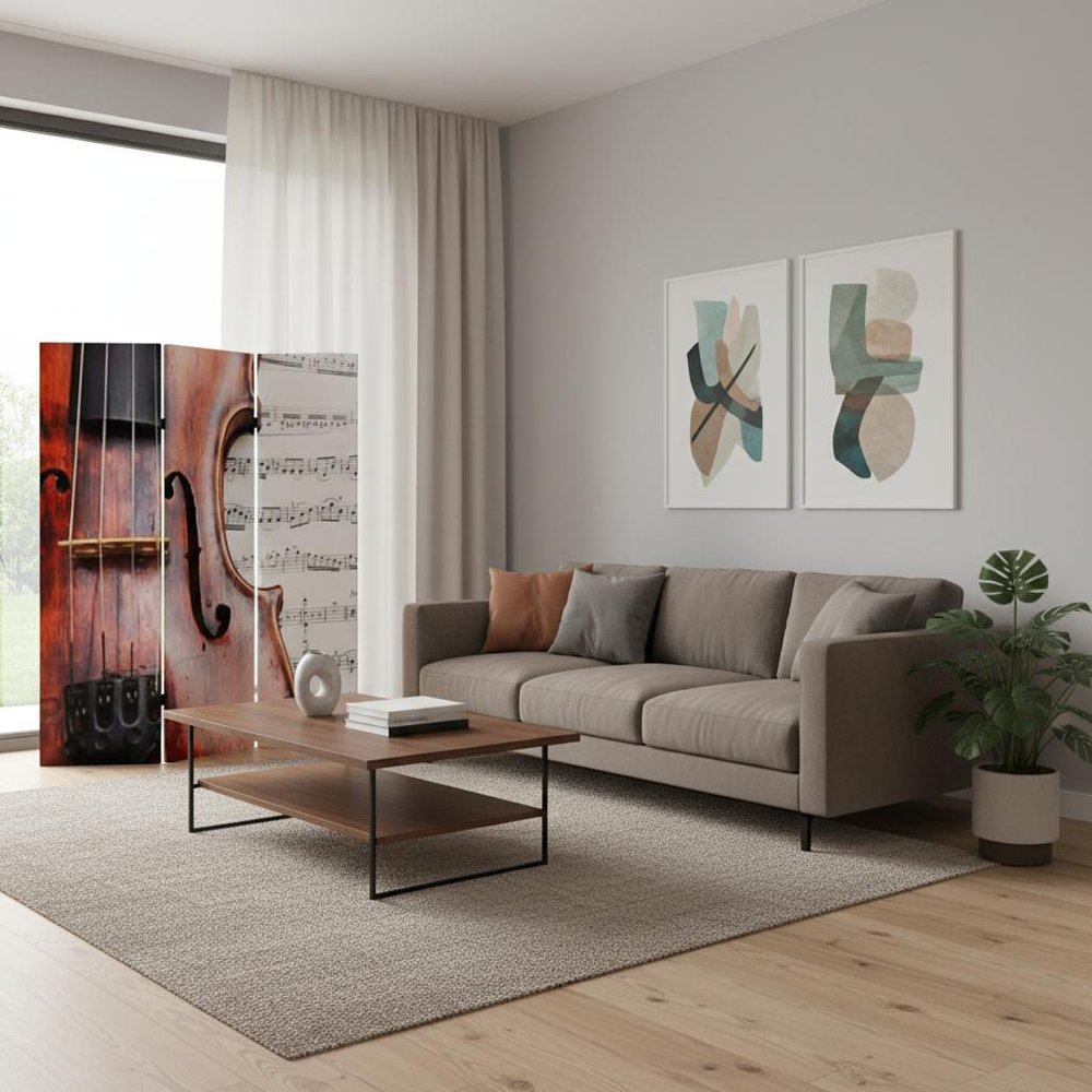 Brown and White Canvas Folding Three Panel Screen Room Divider - 72-inch