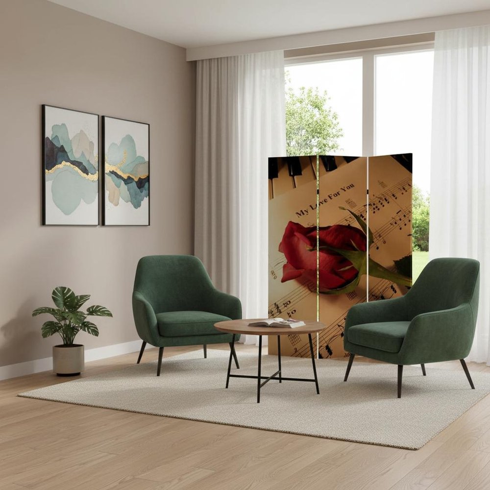 Brown and White Canvas Folding Three Panel Screen Room Divider - 72-inch