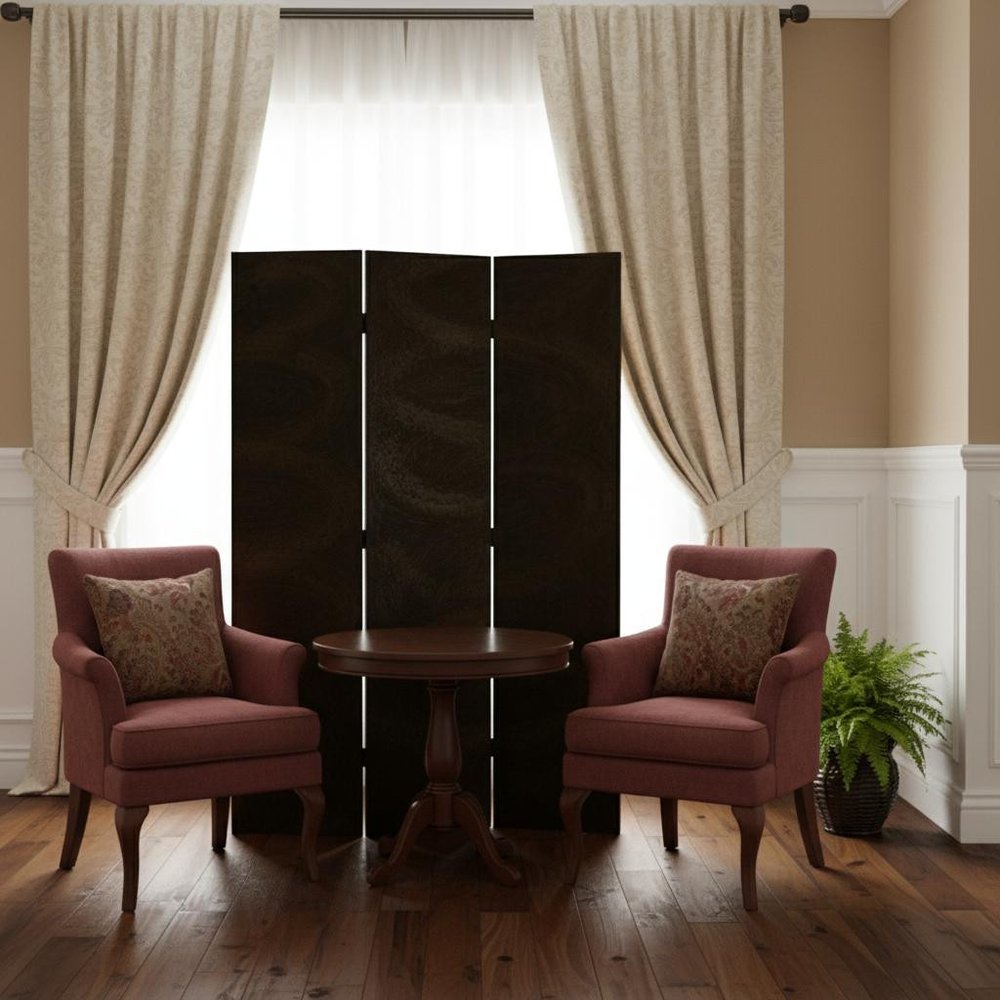 Black Canvas Folding Three Panel Screen Room Divider - 72-inch
