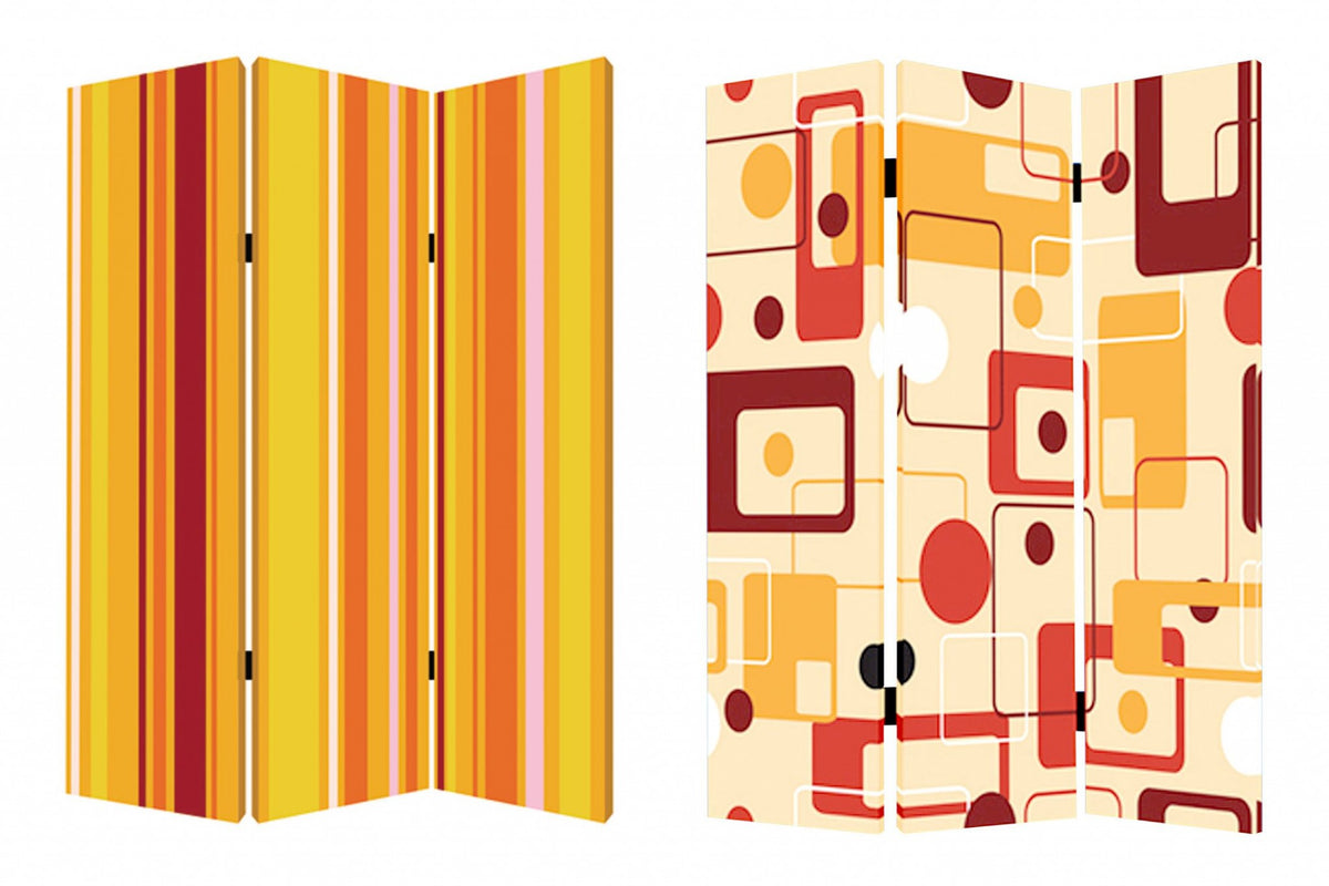 Orange and Yellow Canvas Folding Three Panel Screen Room Divider - 72-inch