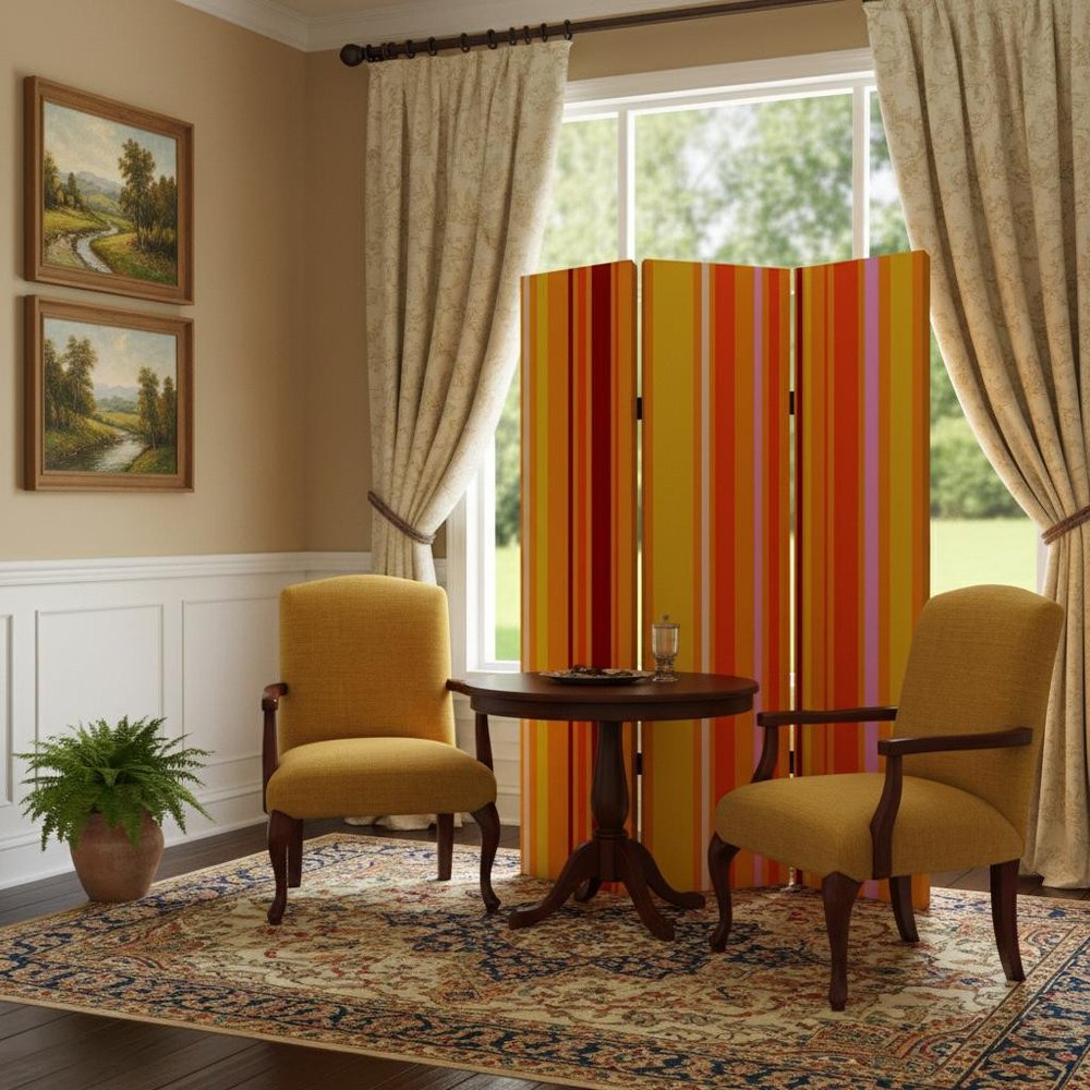 Orange and Yellow Canvas Folding Three Panel Screen Room Divider - 72-inch