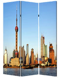 Blue Reversible China Cityscape Canvas Folding Three Panel Screen Room Divider