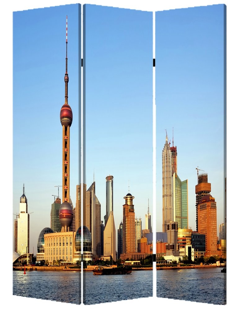Blue Reversible China Cityscape Canvas Folding Three Panel Screen Room Divider
