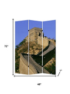 Blue Reversible China Cityscape Canvas Folding Three Panel Screen Room Divider