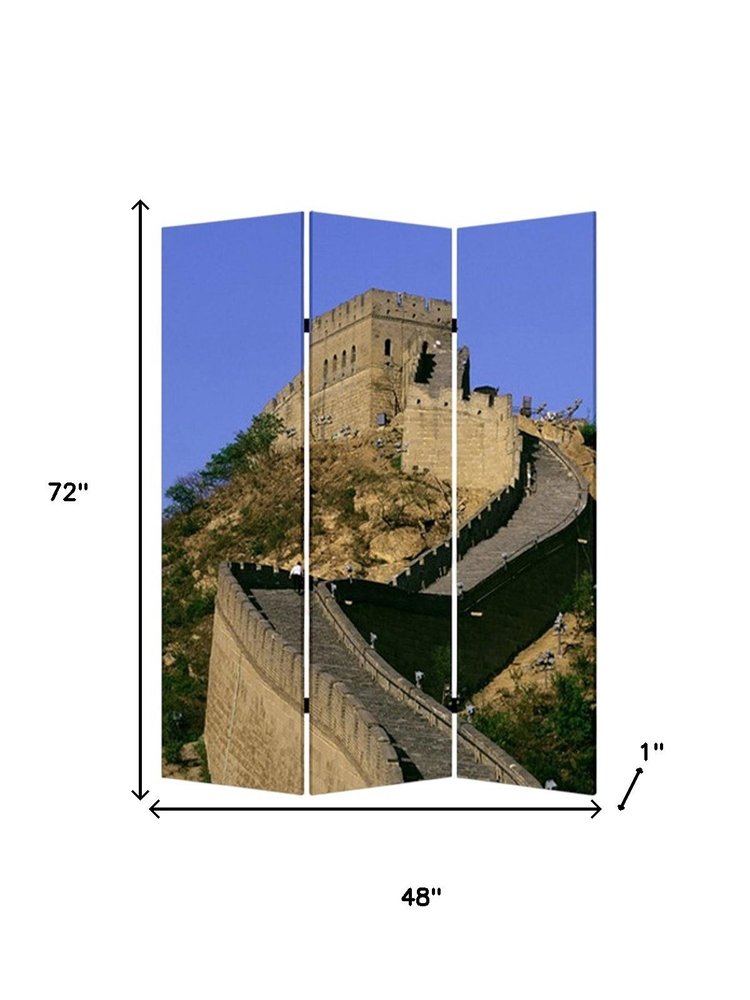 Blue Reversible China Cityscape Canvas Folding Three Panel Screen Room Divider
