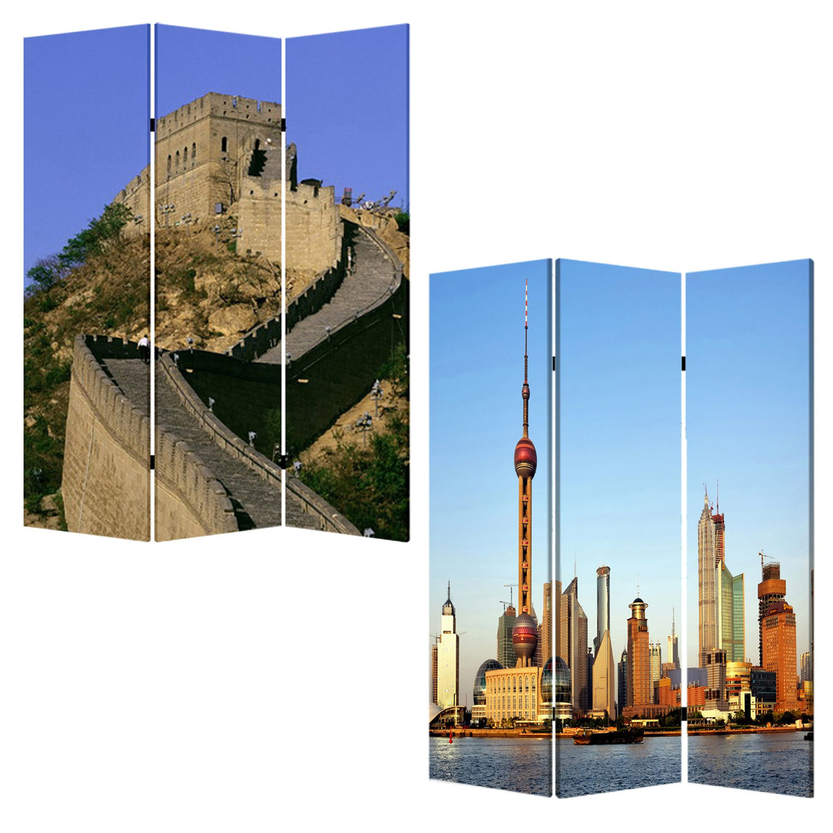 Blue Reversible China Cityscape Canvas Folding Three Panel Screen Room Divider