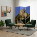 Blue Reversible China Cityscape Canvas Folding Three Panel Screen Room Divider