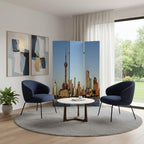 Blue Reversible China Cityscape Canvas Folding Three Panel Screen Room Divider
