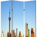 Blue Reversible China Cityscape Canvas Folding Three Panel Screen Room Divider