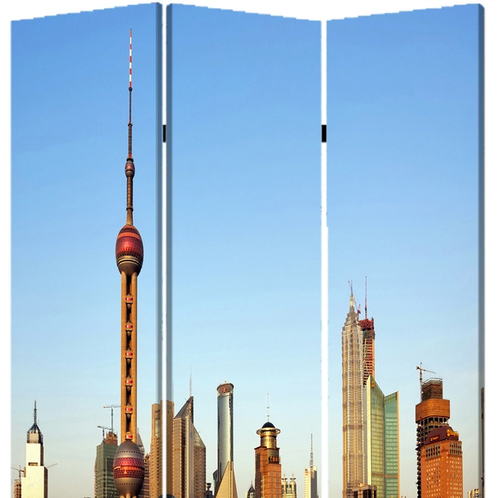 Blue Reversible China Cityscape Canvas Folding Three Panel Screen Room Divider