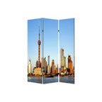 Blue Reversible China Cityscape Canvas Folding Three Panel Screen Room Divider