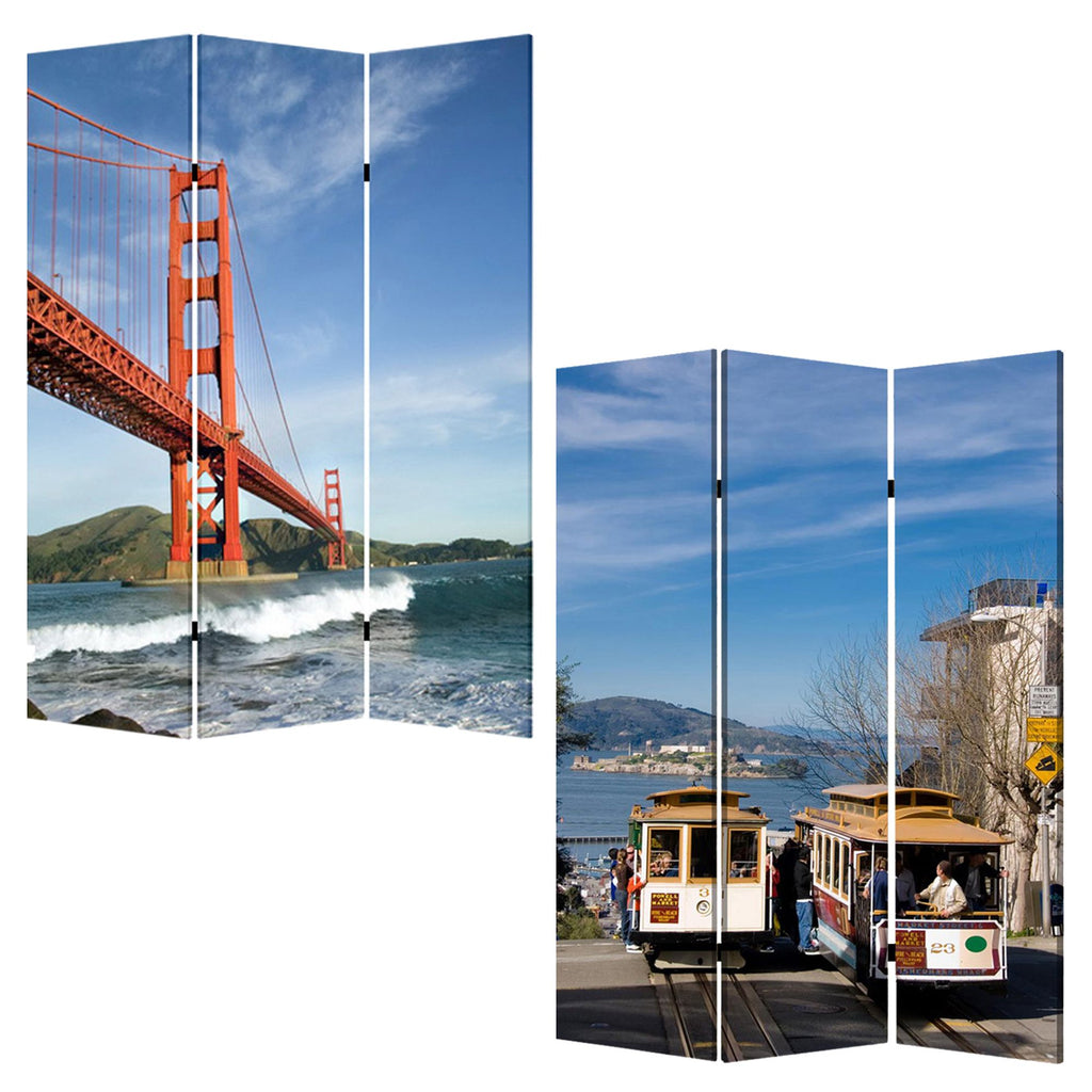 Blue and White Canvas Folding Three Panel Screen Room Divider - 72-inch