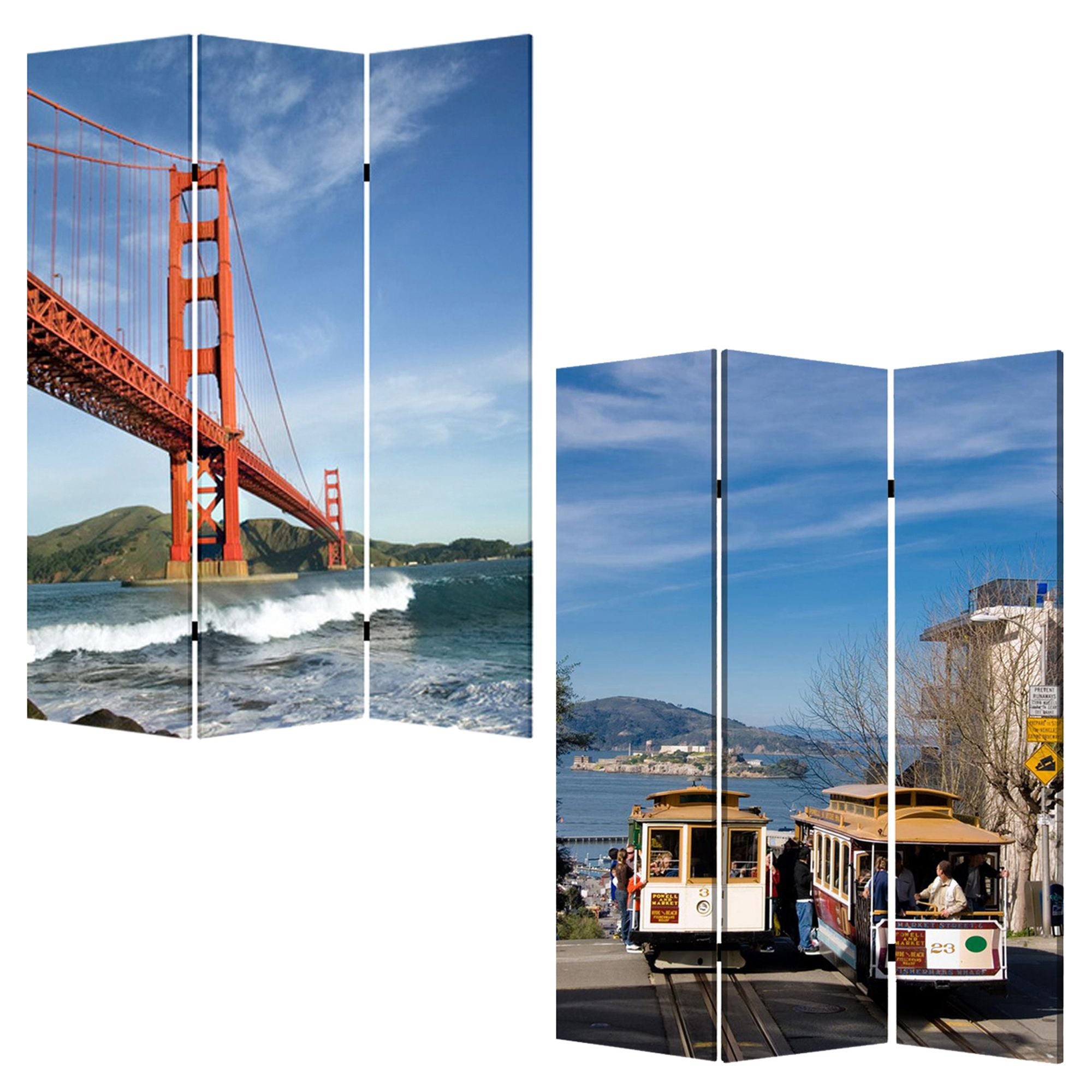 Blue and White Canvas Folding Three Panel Screen Room Divider - 72-inch