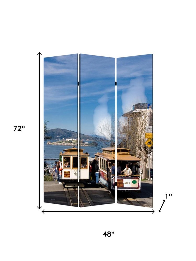 Blue and White Canvas Folding Three Panel Screen Room Divider - 72-inch