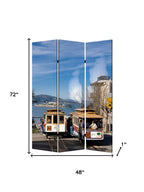 Blue and White Canvas Folding Three Panel Screen Room Divider - 72-inch