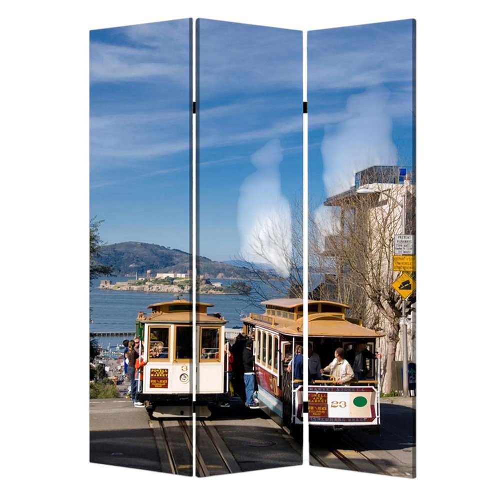 Blue and White Canvas Folding Three Panel Screen Room Divider - 72-inch