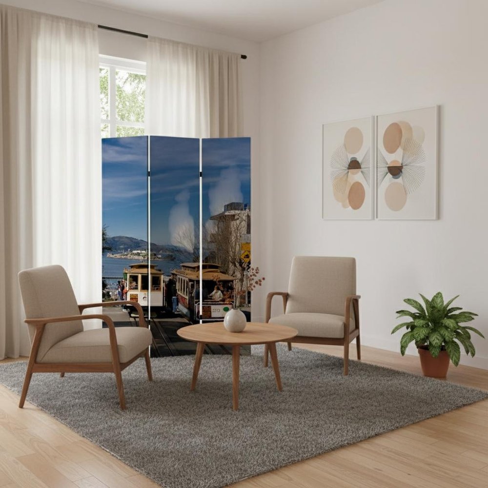 Blue and White Canvas Folding Three Panel Screen Room Divider - 72-inch