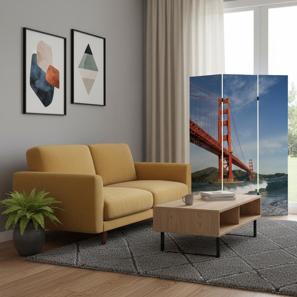 Blue and White Canvas Folding Three Panel Screen Room Divider - 72-inch
