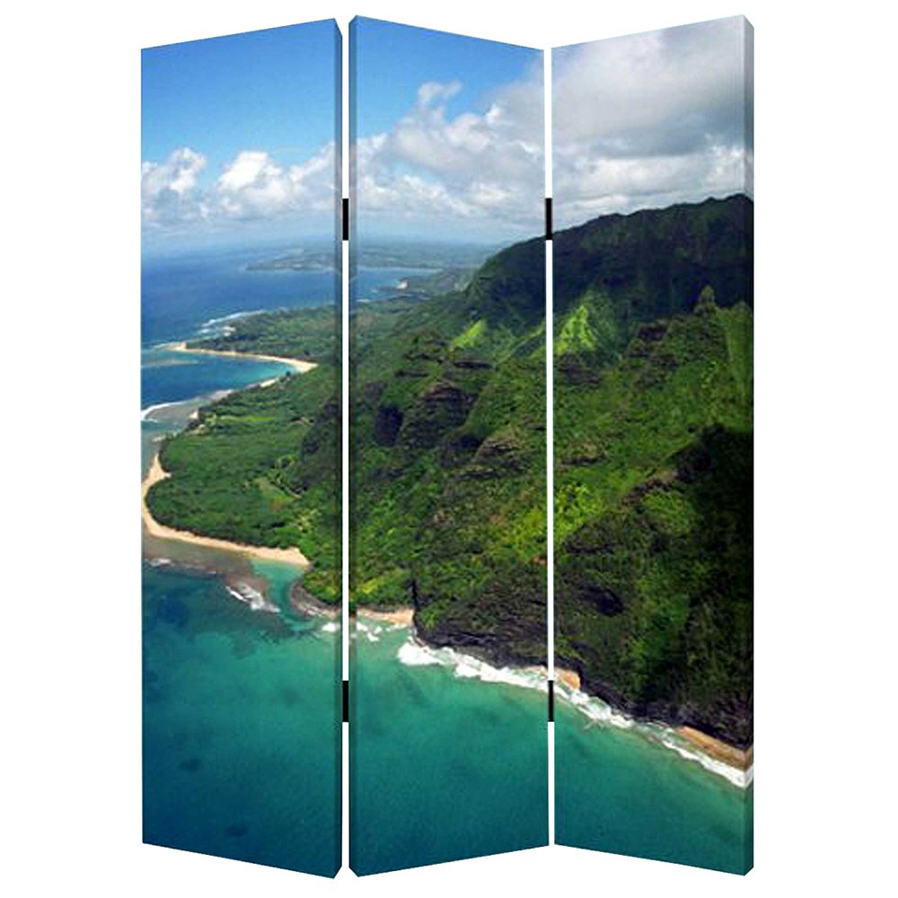 Blue and Green Canvas Folding Three Panel Screen Room Divider - 72-inch