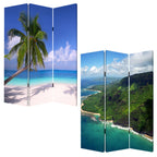 Blue and Green Canvas Folding Three Panel Screen Room Divider - 72-inch
