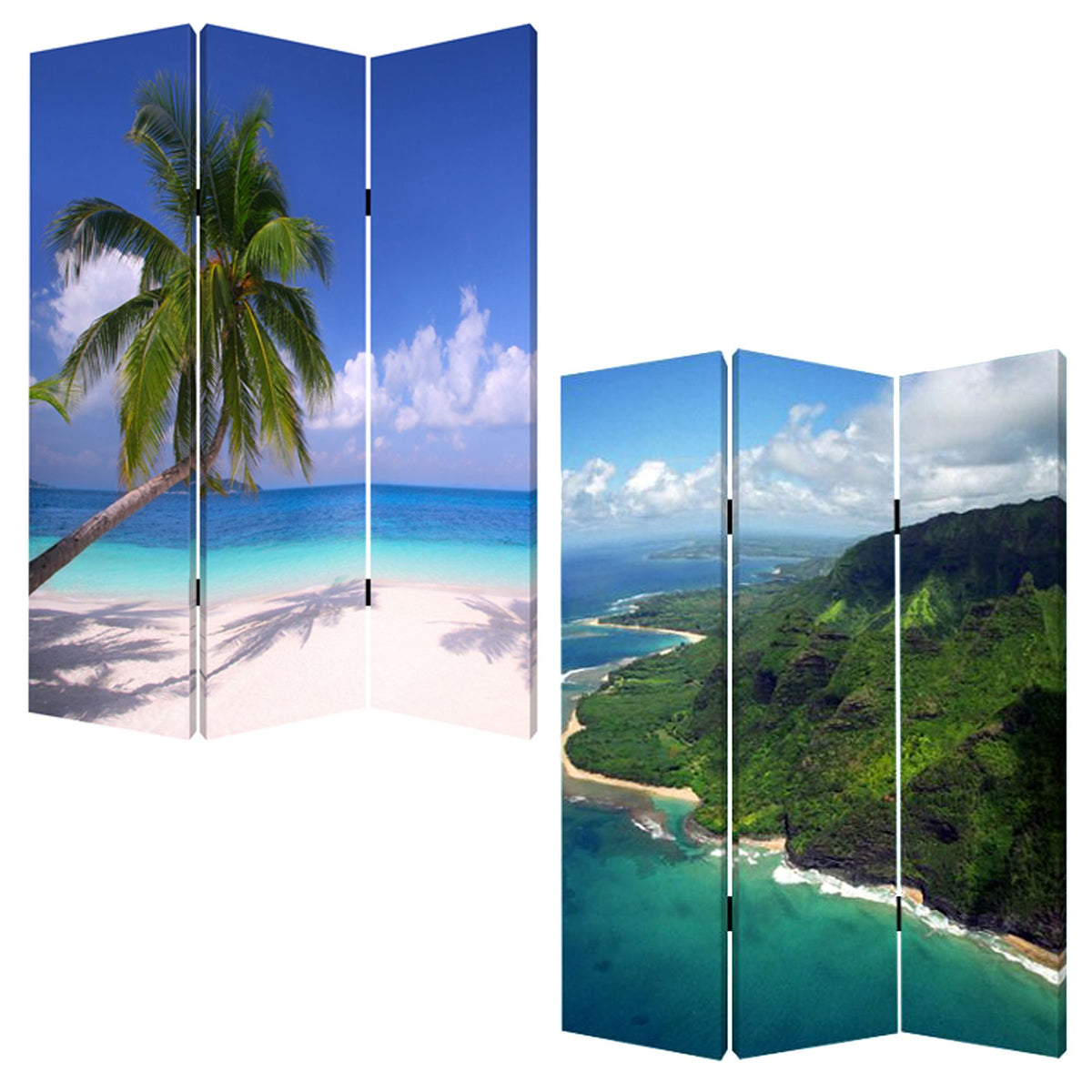 Blue and Green Canvas Folding Three Panel Screen Room Divider - 72-inch