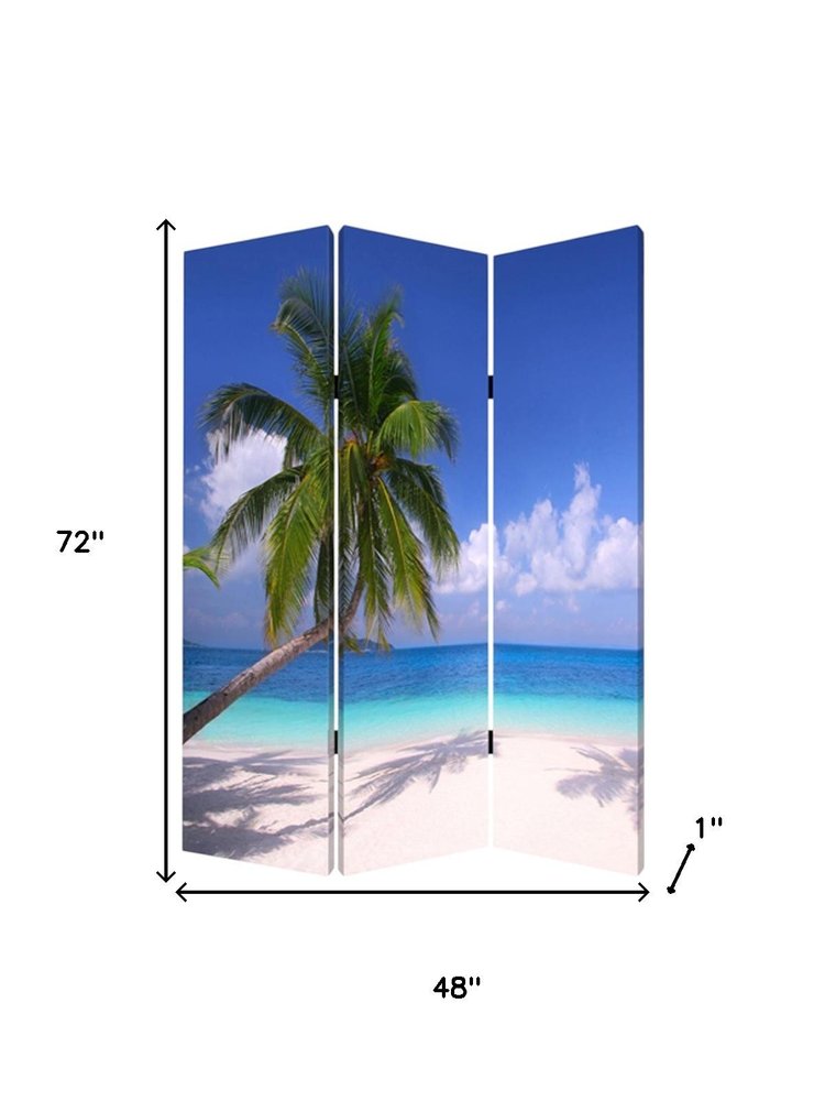 Blue and Green Canvas Folding Three Panel Screen Room Divider - 72-inch