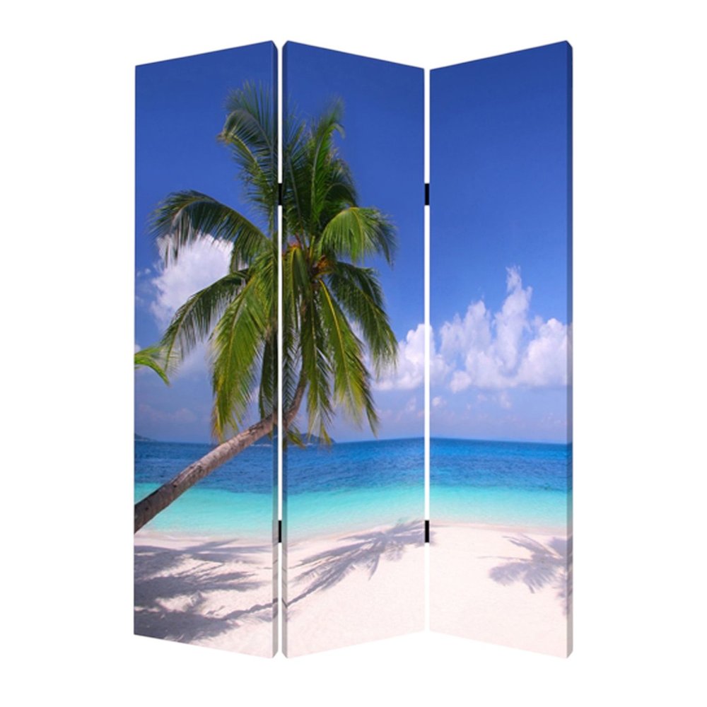 Blue and Green Canvas Folding Three Panel Screen Room Divider - 72-inch