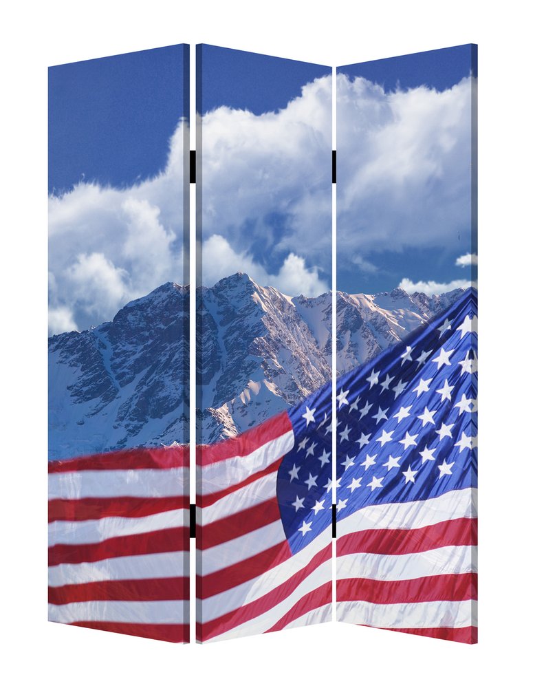 Red White and Blue American Flag Reversible Canvas Folding Three Panel Room Divider