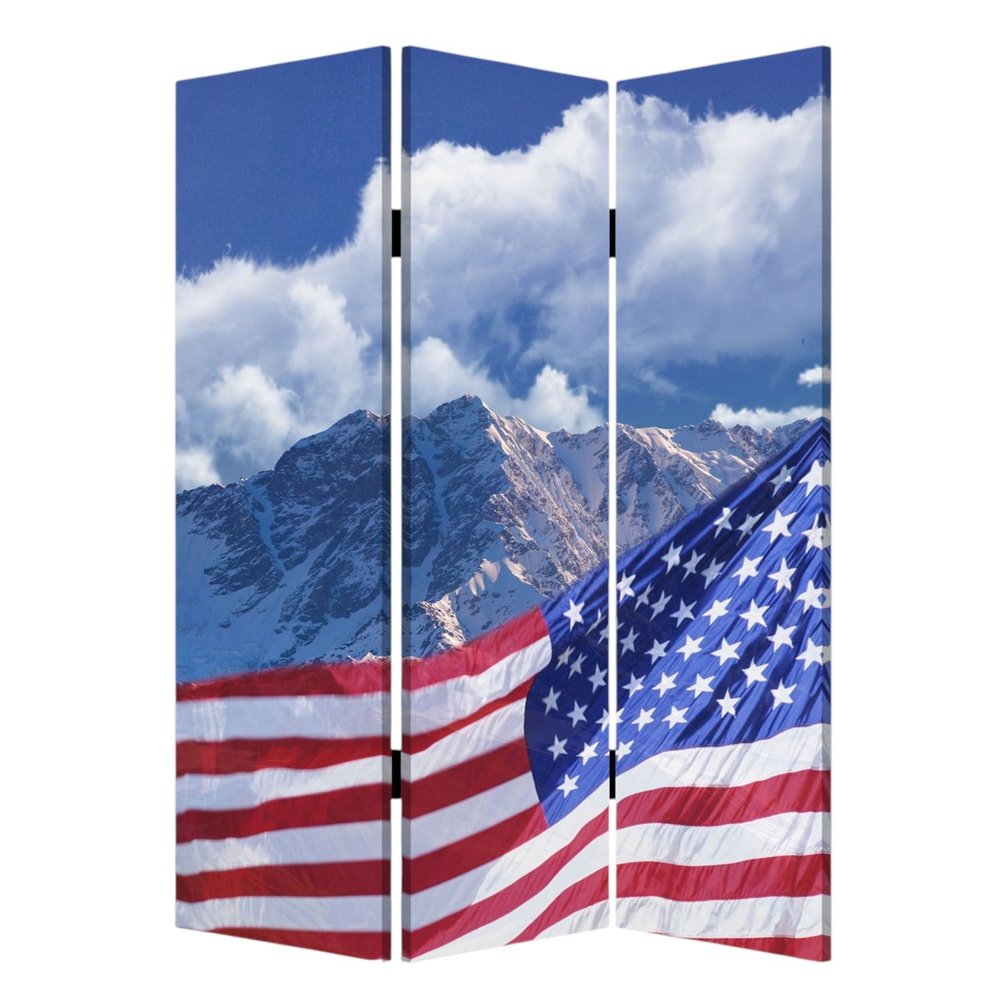 Red White and Blue American Flag Reversible Canvas Folding Three Panel Room Divider
