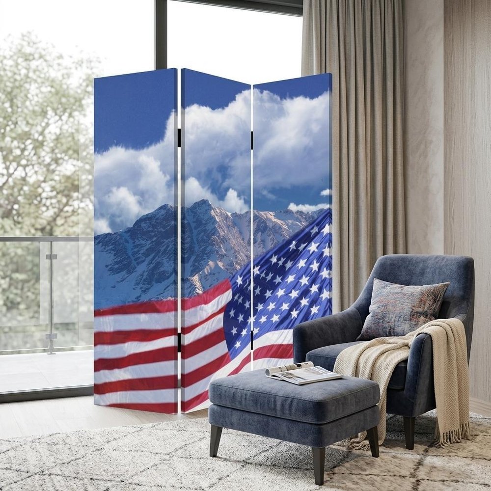 Red White and Blue American Flag Reversible Canvas Folding Three Panel Room Divider