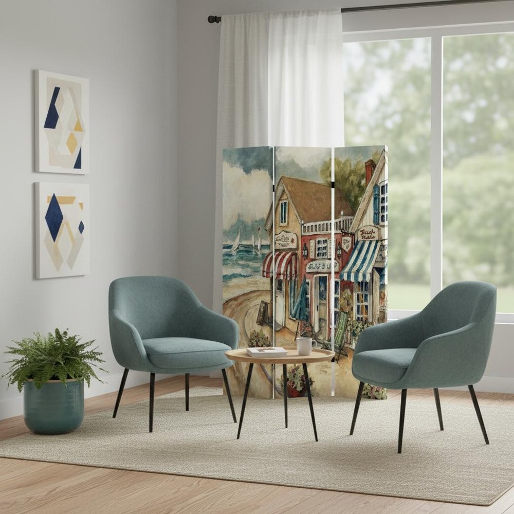 Beige Canvas Folding Three Panel Screen Room Divider - 72-inch
