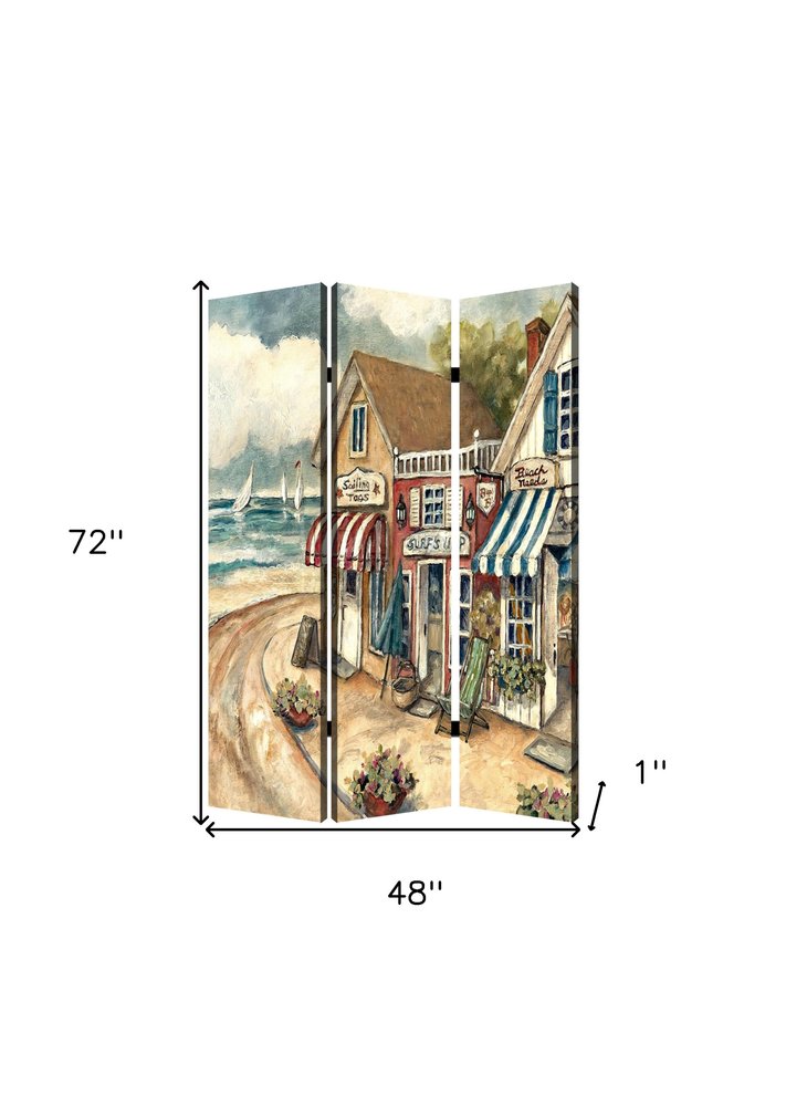 Beige Canvas Folding Three Panel Screen Room Divider - 72-inch