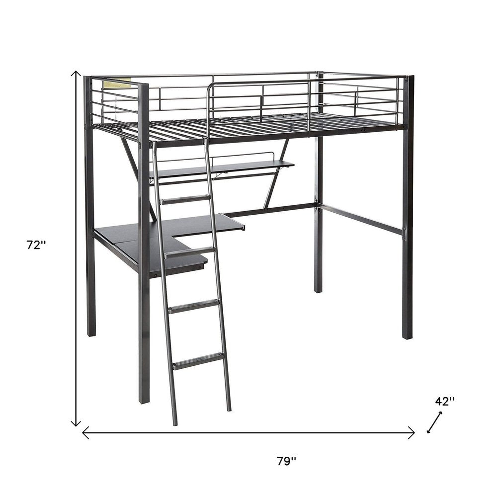 Silver and Black Metal Tube Loft Bed with Desk - 79 X 42 X 72-inch