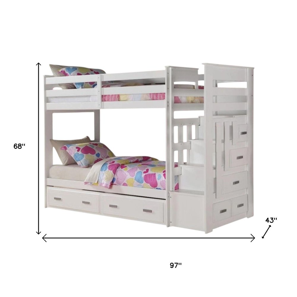 Twin Over Twin White Storage Ladder and Trundle Bunk Bed - 97 X 43 X 68-inch