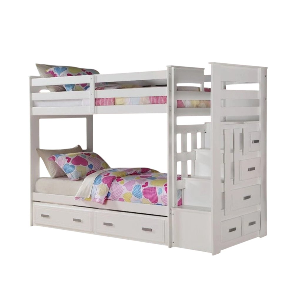Twin Over Twin White Storage Ladder and Trundle Bunk Bed - 97 X 43 X 68-inch