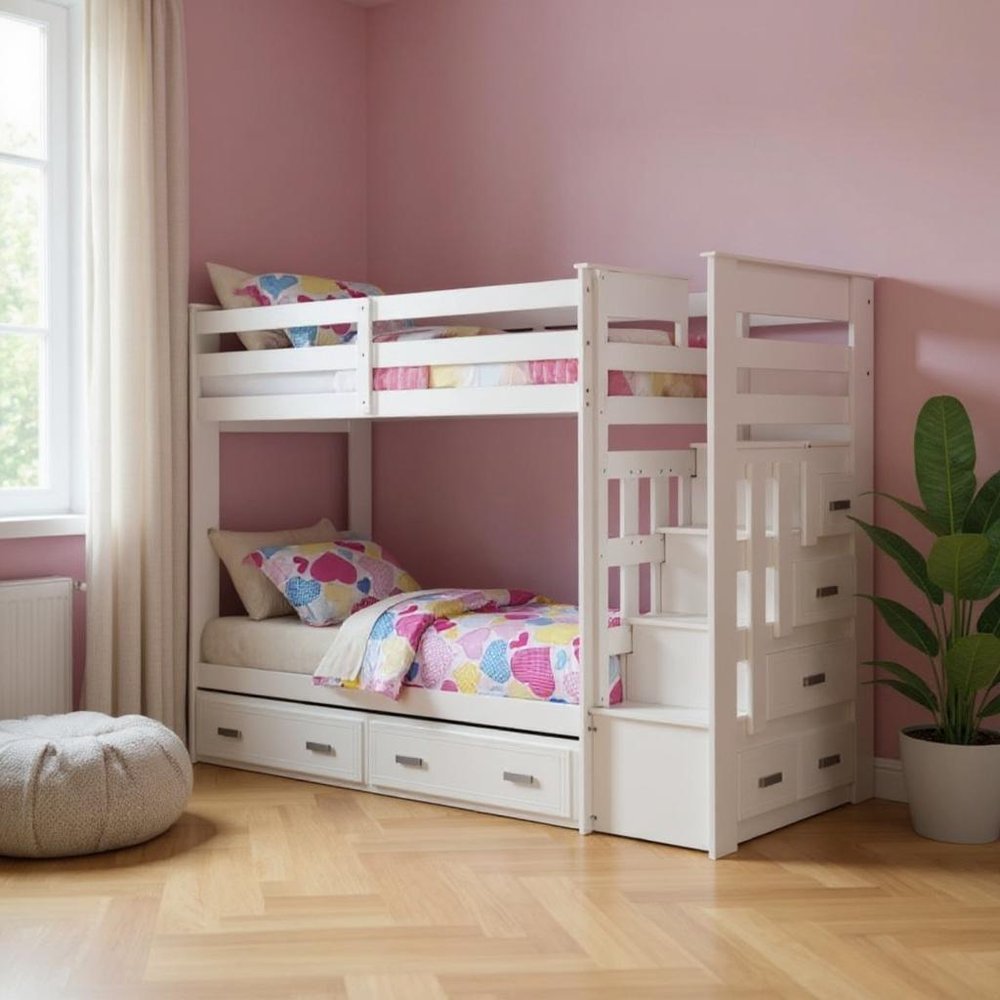 Twin Over Twin White Storage Ladder and Trundle Bunk Bed - 97 X 43 X 68-inch