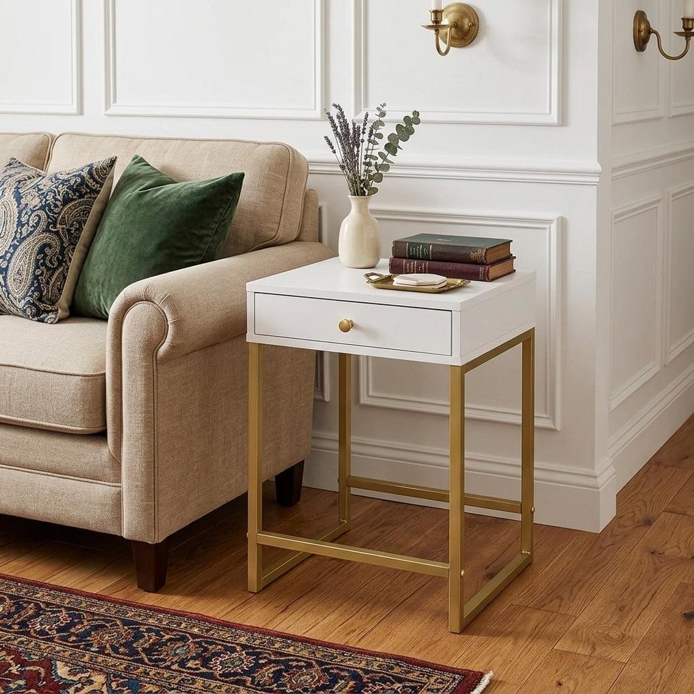 Gold and Black Solid Wood End Table with Drawer - 24-inch