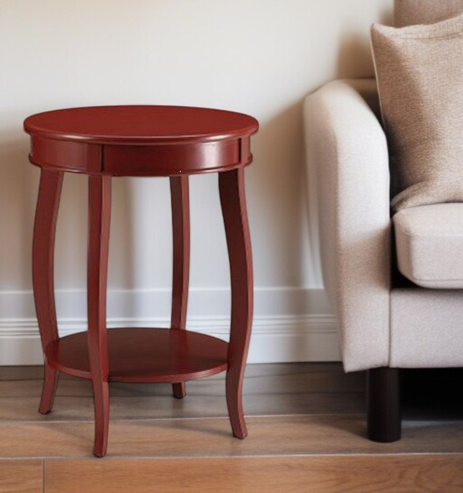 Red Wood Round End Table with Shelf - 24-inch