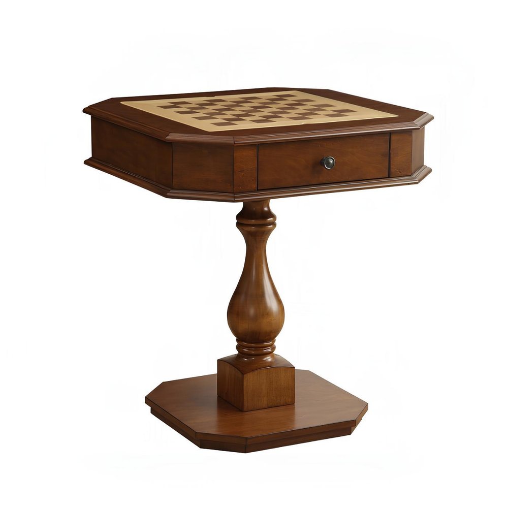 Brown Cherry Octagonal Game Table with Drawer - 28-inch