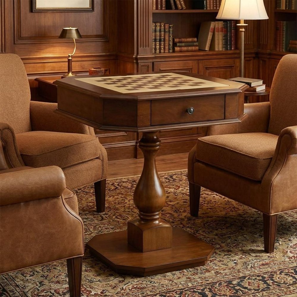 Brown Cherry Octagonal Game Table with Drawer - 28-inch