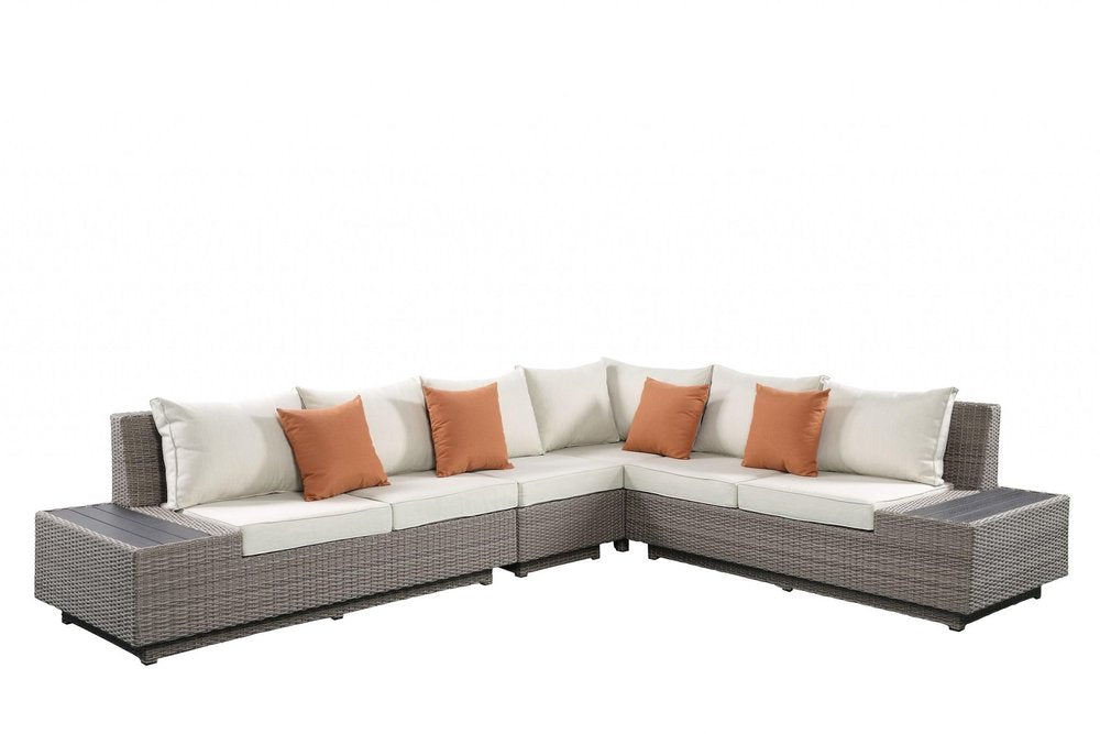 Beige Polyester Modular L Shaped Four Piece Standard with Console and Toss Pillows
