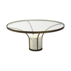 Antiqued Gold and White Glass Iron and Marble Round Pedestal Coffee Table